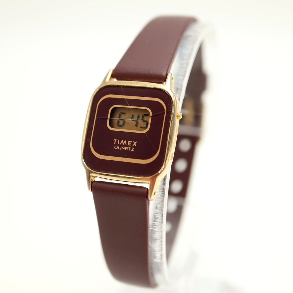 Vintage Timex T Cell Maroon 20mm Digital Womens Watch Gold Tone w New Battery